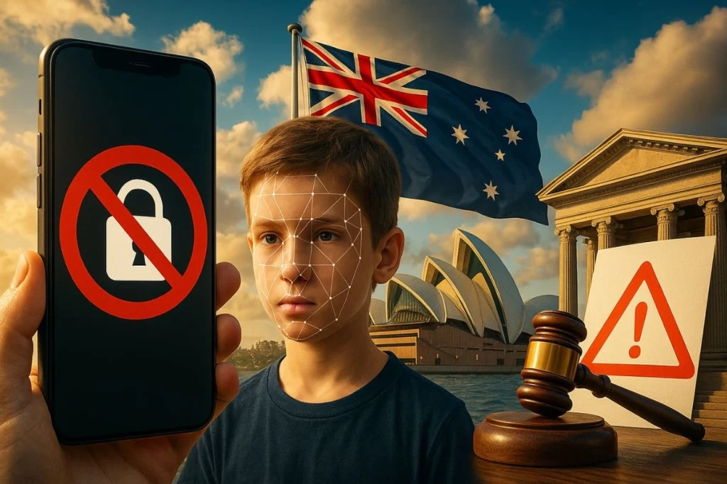 Com banimento total e verificação obrigatória, Austrália proíbe redes sociais para menores de 16 com multas milionárias, reconhecimento facial, contas removidas e pressão global por regras duras contra riscos digitais infantis