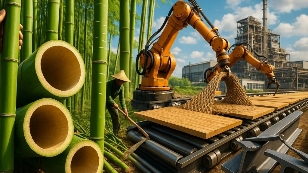 Mais duro que aço e crescendo 91 cm por dia, bambu move US$ 60 bilhões substituindo plástico e madeira com fibras ultra resistentes, colheita manual e alta tecnologia industrial